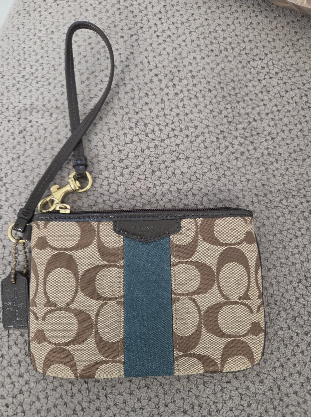 Coach Signature Canvas Small Corner Zip Wristlet - Teal Athletic Stripe